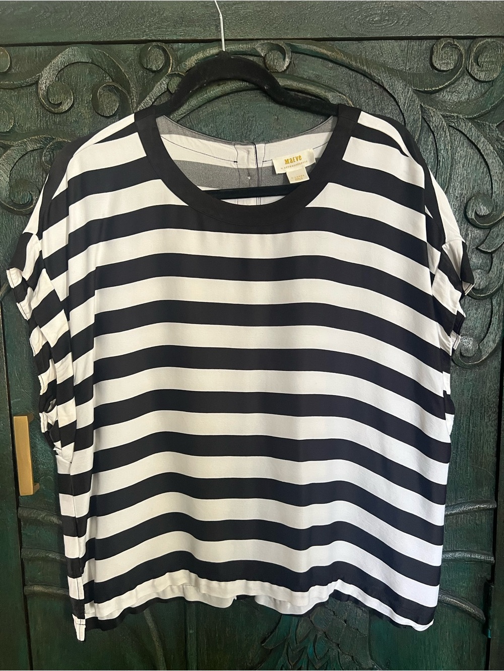 Maeve Anthropologie Black White Striped Button Back Top XL